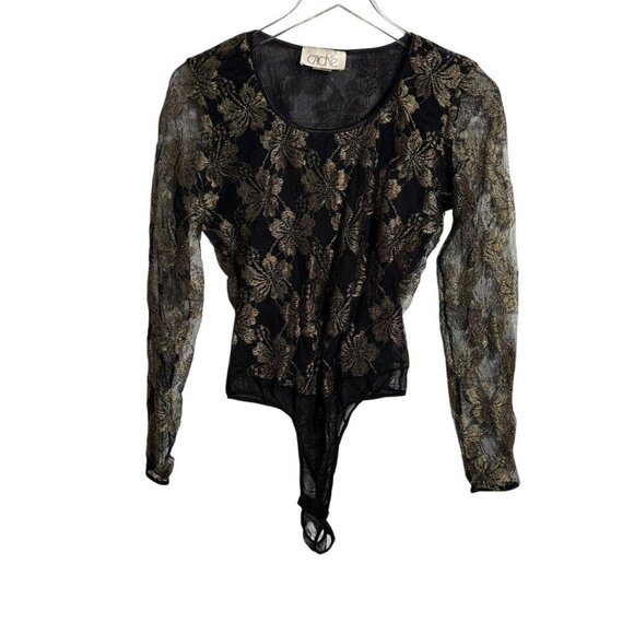 CACHE Size large bodysuit vintage 80's semi sheer black gold long sleeve top - Picture 6 of 6